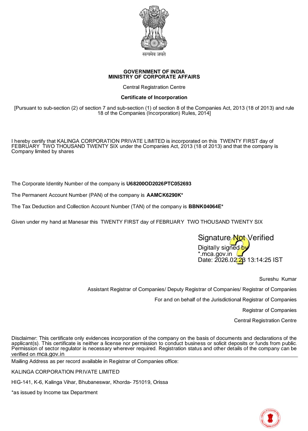 Kalinga Corporation Pvt Ltd Certification